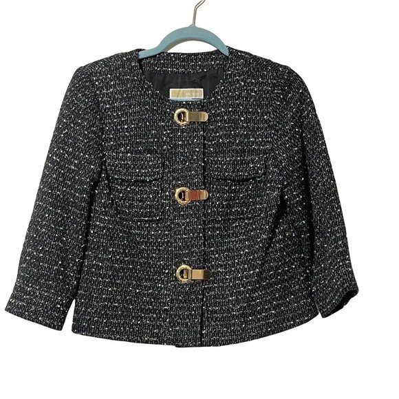 Michael Kors Size S Black & White Tweed Cropped Jacket Goldtone Hardware Pockets - Picture 1 of 12